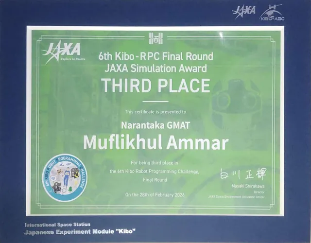 Sertifikat Third Place JAXA Simulation Award atas nama Muflikhul Ammar