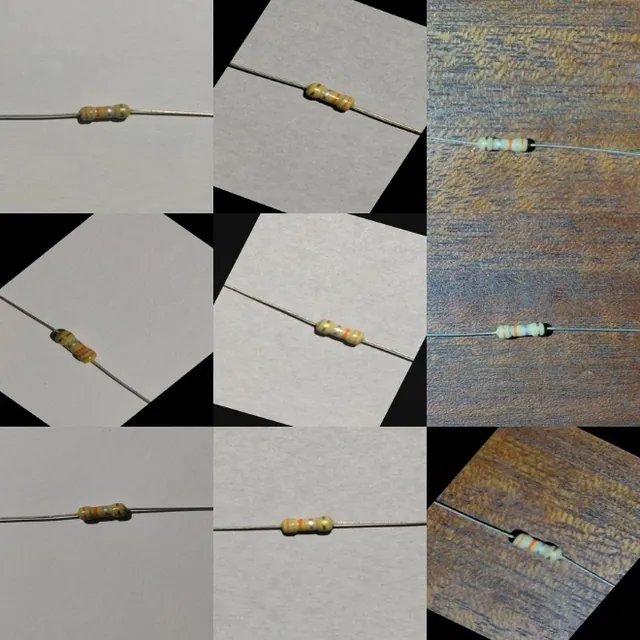 Sembilan contoh citra resistor dengan sudut dan latar berbeda